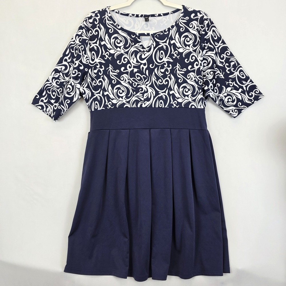 Cocoepps Dress Fit Flare Pleated Women 2XL Blue White Keyhole Midi Stretchy
